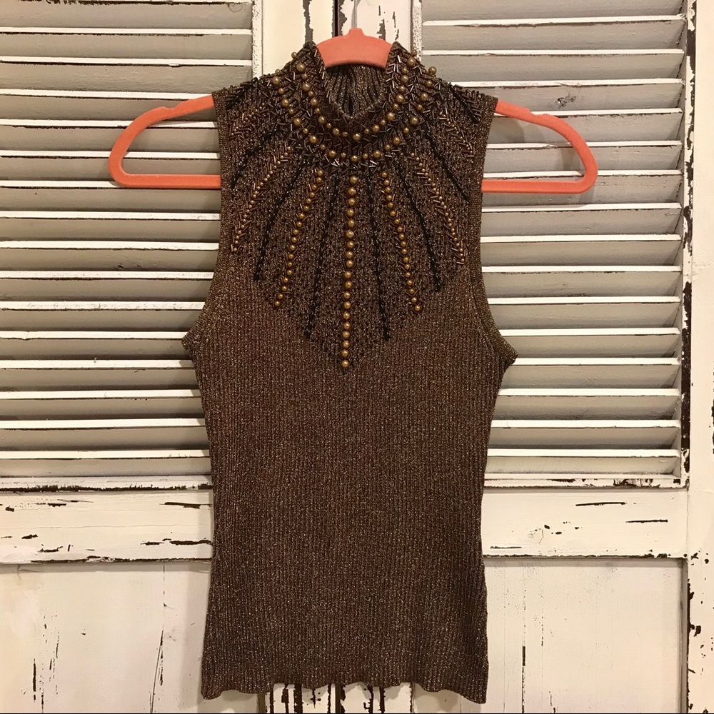 Cache silk blend embellished turtleneck top